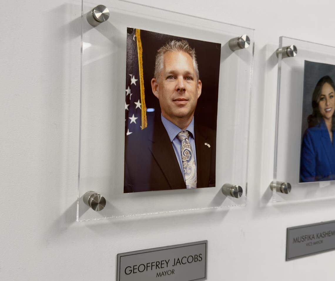 A portrait of Mayor Geoffrey Jacobs at the Pembroke Park Town Hall. A town commission meeting to consider removing Jacobs from office on Feb. 10 was canceled after a Broward judge barred the meeting from happening. Jacobs has been accused of living outside of Pembroke Park, which would be in violation of the town charter.