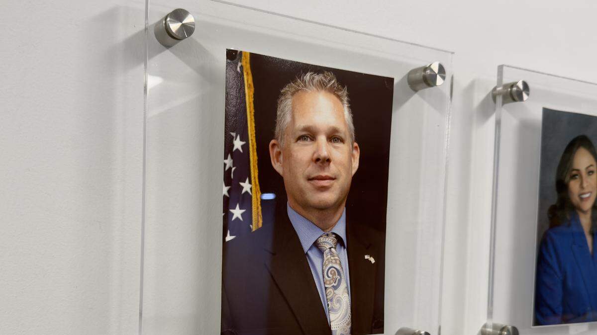 A portrait of Mayor Geoffrey Jacobs at the Pembroke Park Town Hall. A town commission meeting to consider removing Jacobs from office on Feb. 10 was canceled after a Broward judge barred the meeting from happening. Jacobs has been accused of living outside of Pembroke Park, which would be in violation of the town charter.