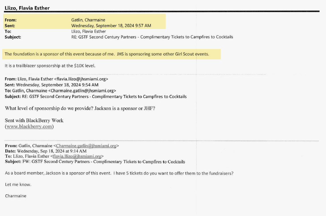 In a Sept. 18, 2024, email, Charmaine Gatlin told CEO Flavia Llizo that the Girl Scouts’ sponsorship is “because of me,” according to emails obtained by the Miami Herald through a public records request.