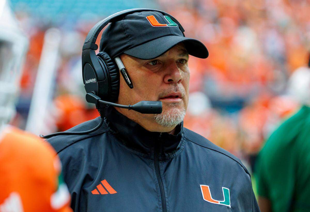 Miami Hurricanes defensive coordinator Lance Guidry looks on before the start of the their NCAA non conference game against Texas A&M at Hard Rock Stadium on Saturday, Sept. 9, 2023 in Miami Gardens, Florida.