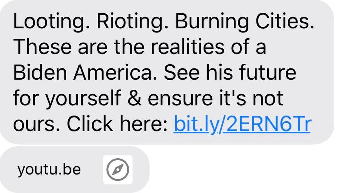 Text messages like this one from an unidentified 850 number barrage voters’ cellphones daily during the buildup to Election Day.