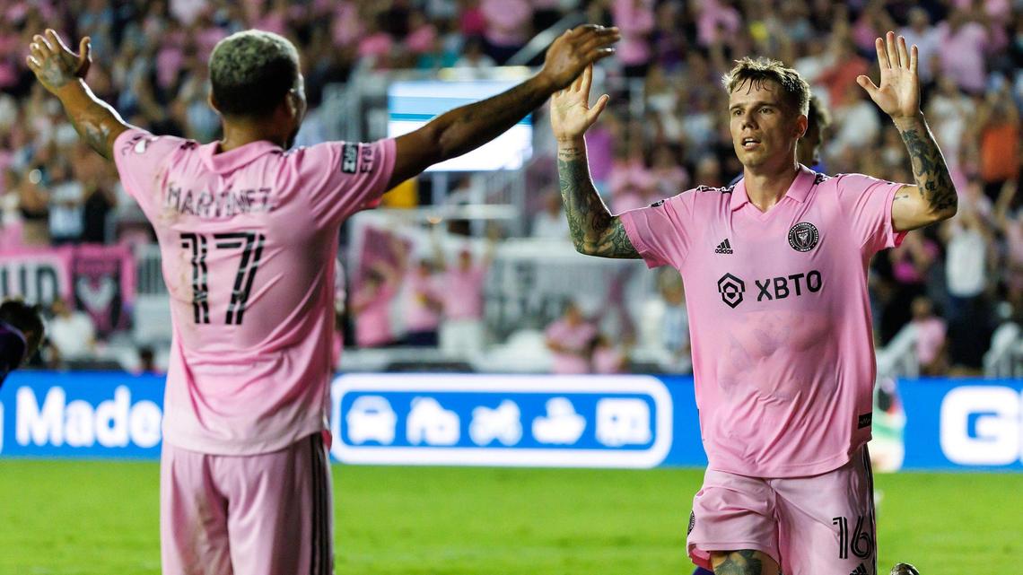 Inter Miami midfielder Robert Taylor (16) celebrates with teammate Josef Martínez (17) after scoring during the first half of a Leagues Cup quarterfinal match against the Charlotte FC at DRV PNK Stadium on Friday, Aug. 11, 2023, in Fort Lauderdale, Fla.