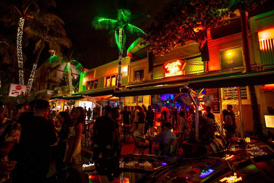 Mango’s Tropical Cafe South Beach on Ocean Drive is packed just before the City of Miami Beach imposed a curfew at midnight to curb violence during Spring Break in Miami Beach, Florida, on Thursday, March 24, 2022.