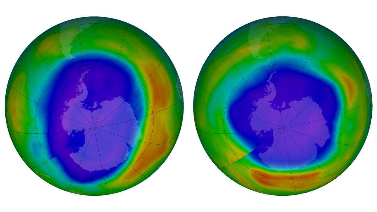 This combination of images made available by NASA shows areas of low ozone above Antarctica on September 2000, left, and September 2018.
