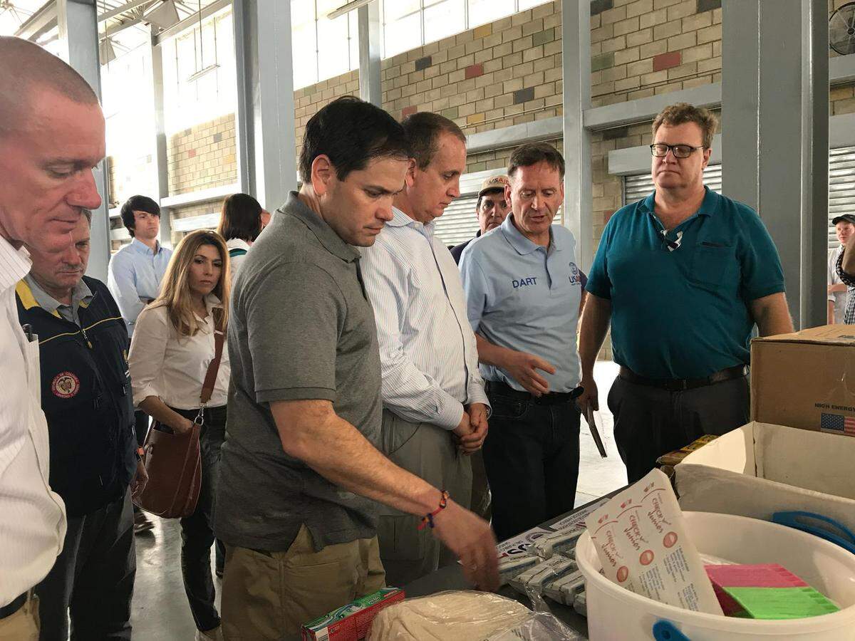 Sen. Marco Rubio, Congressman Mario Diaz-Balart and Carlos Trujillo visit a warehouse with humanitarian aid in Cúcuta.