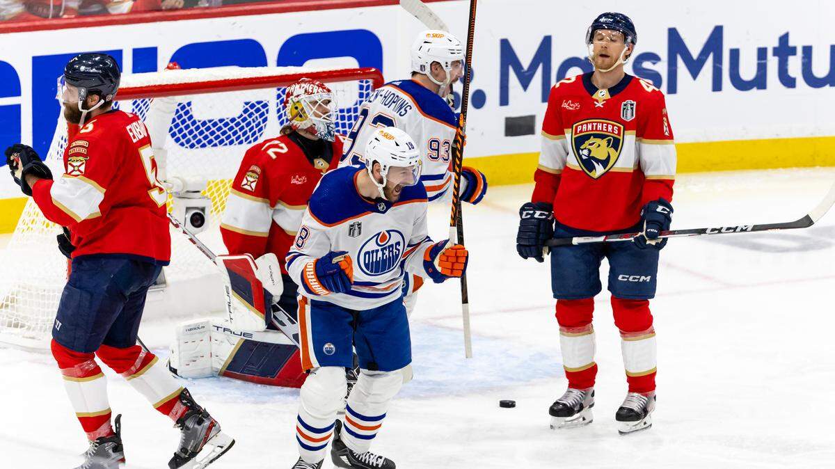 Edmonton Oilers left wing Zach Hyman (18) reacts after scoring a goal against the Florida Panthers during the second period of Game 5 of the NHL Stanley Cup Final at the Amerant Bank Arena on Tuesday, June 18, 2024, in Sunrise, Fla.