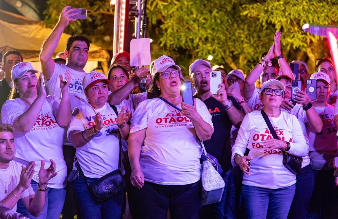 Miami-Dade mayoral candidate Alex Otaola supporters cheer him on as he speaks after losing to Daniella Levine Cava at his election watch party at his ranch on Tuesday, Aug. 20, 2024, in Homestead, Florida.