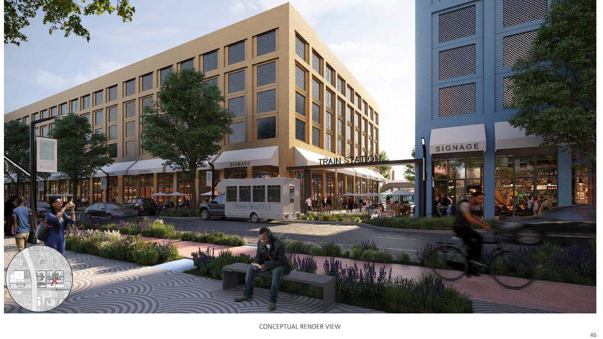 Una representación conceptual muestra la entrada a una posible nueva estación de Tri-Rail en una nueva calle comercial prevista como parte de una amplia propuesta de reurbanización que pretende aportar 5,000 apartamentos asequibles y de mano de obra a los vecindarios del Pequeño Haití y Little River en Miami.