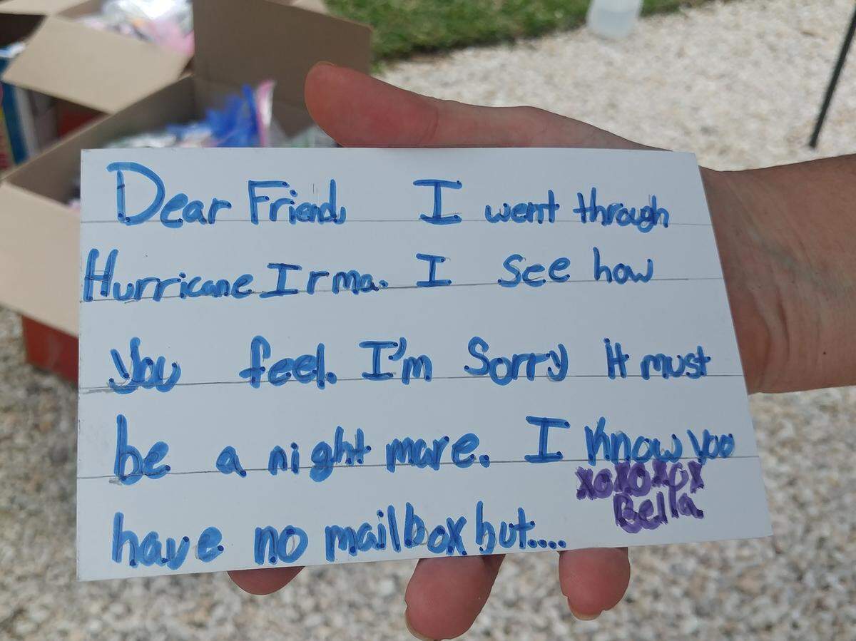 A Big Pine Key girl wrote this note to a Bahamian child who will receive a care package from Key West. Big Pine Key was hit hard by Hurricane Irma in September 2017.
