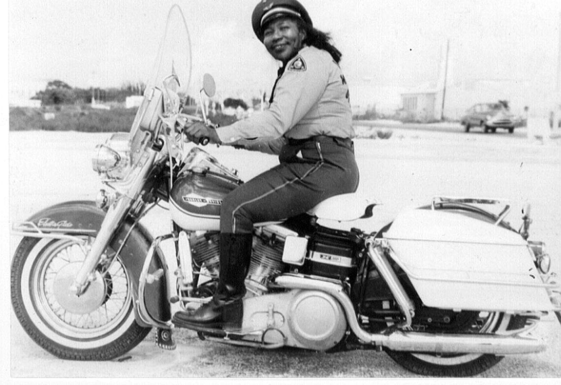 Bessie Stringfield, who moved to Opa-locka in the early 1950s, on her Harley big twin, nicknamed for the two big twin cylinders of the engine, which are part of the bike’s design.