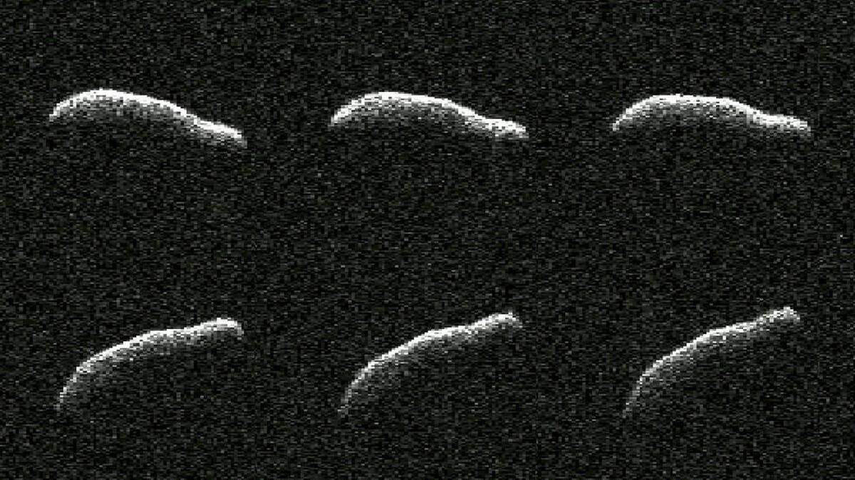 This collage shows six radar observations of 2011 AG5, which passed close to Earth on Feb. 3. It has dimensions comparable to the Empire State Building, NASA says.
