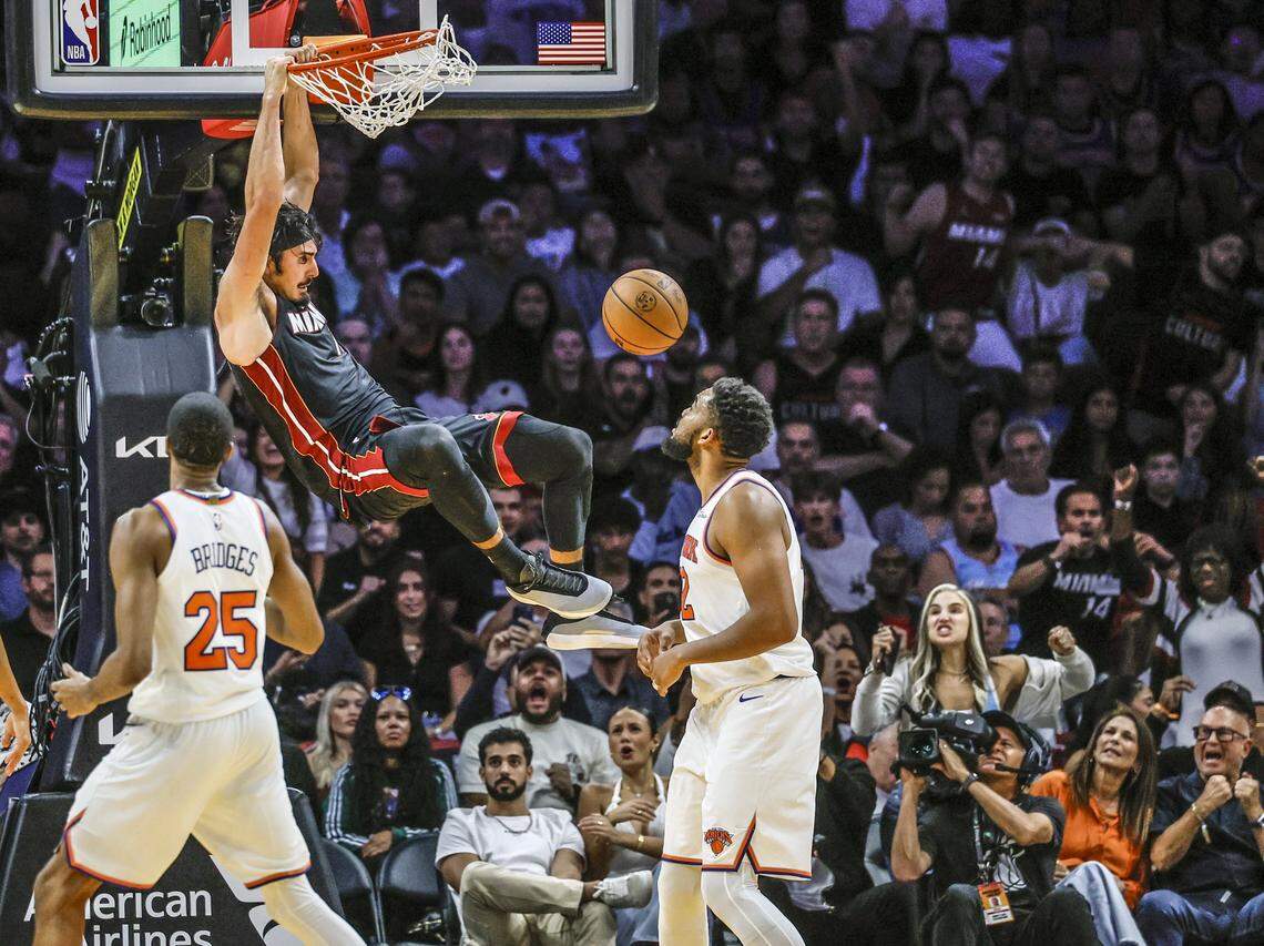Miami Heat guard Jaime Jaquez Jr. (11) dunks the ball during the second half of their NBA basketball game against the New York Knicks at the Kaseya Center in Miami on October 26, 2025.