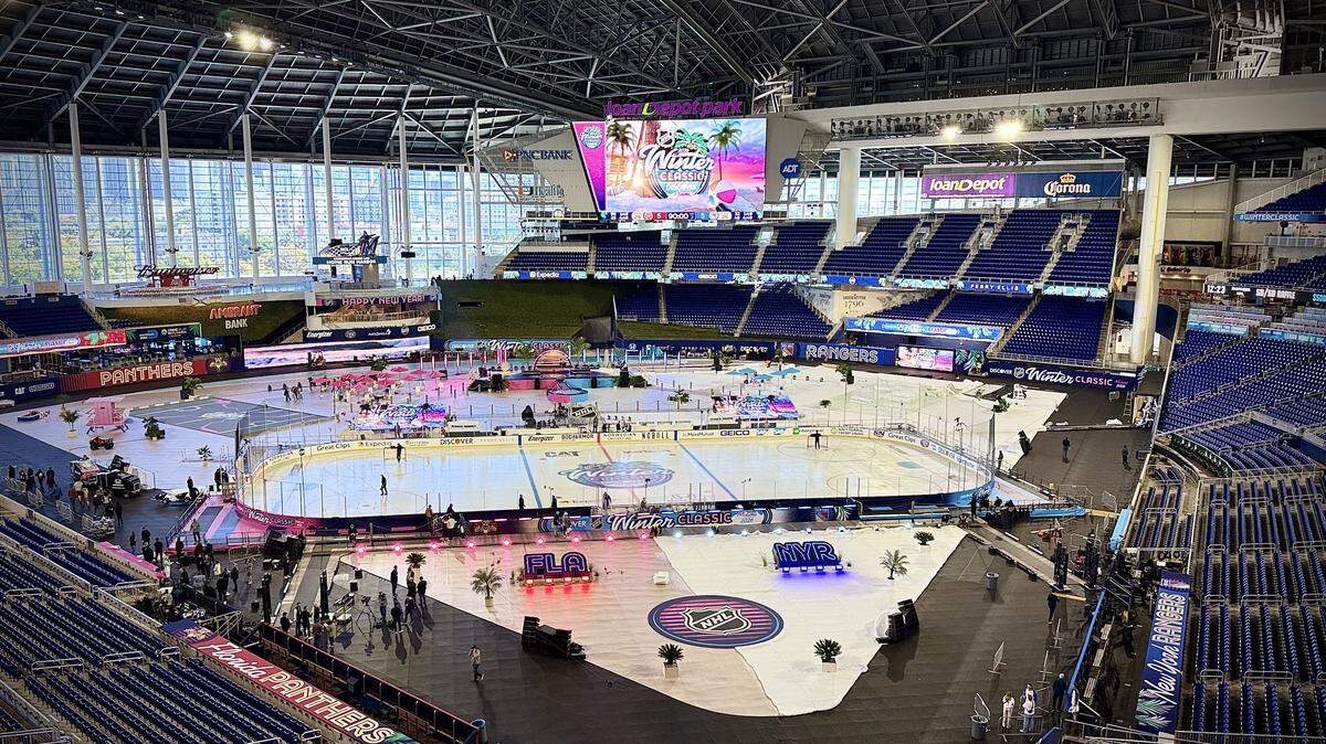 A view of the Winter Classic setup at loanDepot park on Thursday, Jan. 1, 2026, in Miami, Florida. The Florida Panthers will face the New York Rangers on Friday, Jan. 2, 2026.