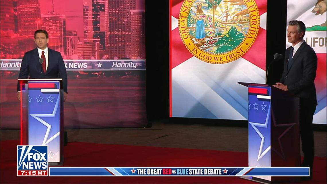 Republican presidential candidate Florida Gov. Ron DeSantis and California Gov. Gavin Newsom faced each other in a debate hosted by Fox News’ Sean Hannity on Thursday, Nov. 30, 2023 in Georgia.