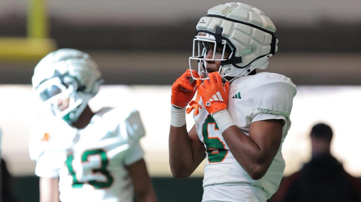 \Miami Hurricanes defensive back Xavier Lucas (6) looks on during spring practice at the Carol Soffer Indoor Practice Facility at the University of Miami in Coral Gables, Florida, Tuesday, April 1, 2025.