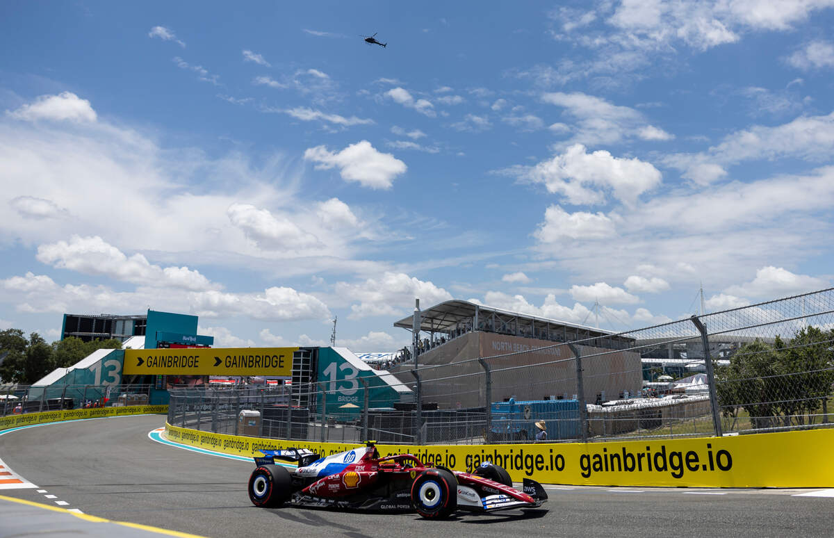 Scuderia Ferrari driver Lewis Hamilton of Britain takes a turn during a practice session on the first day of the Formula One Miami Grand Prix at the Miami International Autodrome on Friday, May 2, 2025, in Miami Gardens, Fla.
