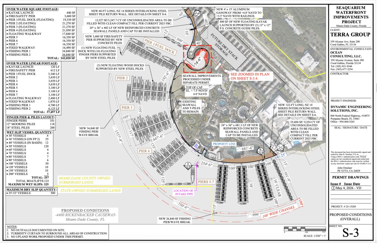 A schematic shows the layout for the planned marina at the Seaquarium site on Virginia Key.