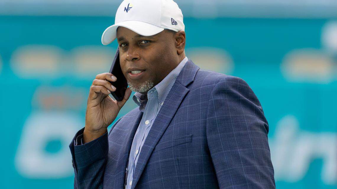 Miami Dolphins general manager Chris Grier looks on before the start of their NFL game against the New York Jets at Hard Rock Stadium on Sunday, Dec. 8, 2024, in Miami Gardens, Fla