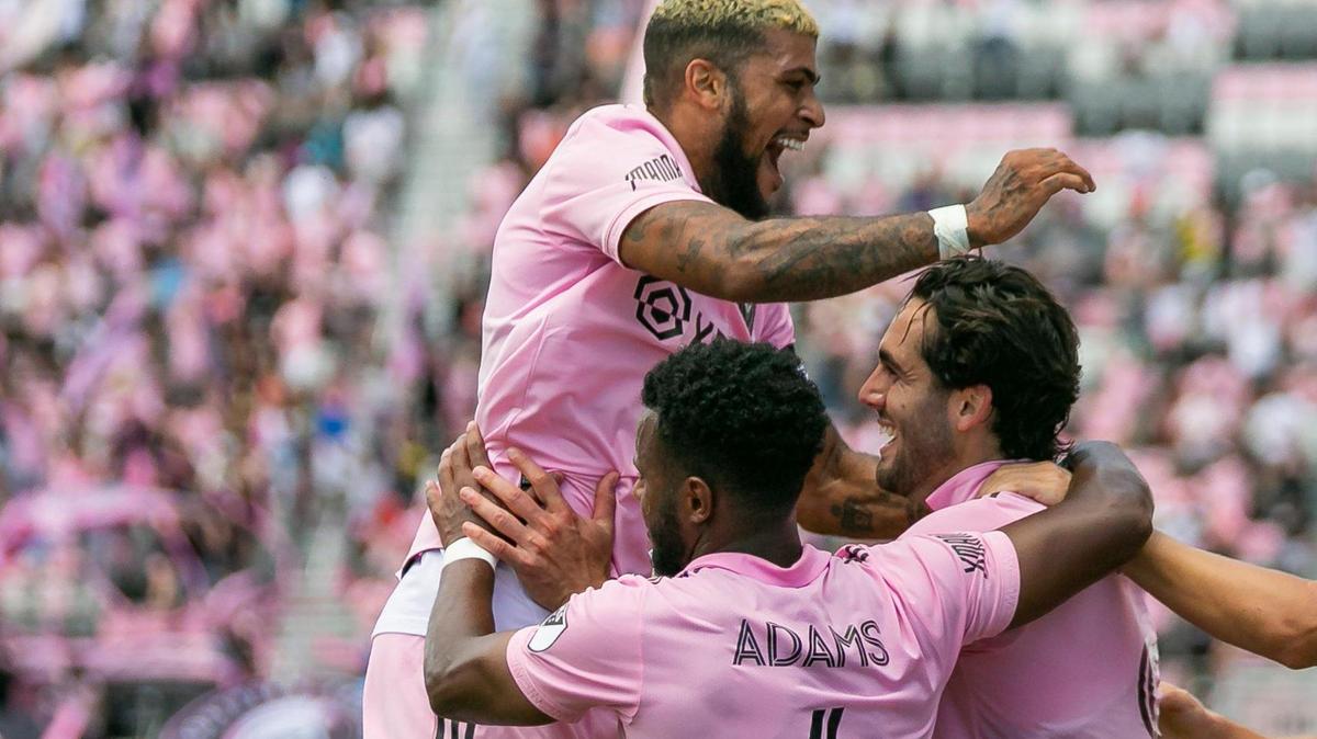 Inter Miami forward Leonardo Campana (9), DeAndre Yedlin (2) and Mo Adams (6) celebrate after scoring a goal against Atlanta United during their 2-1 win at DRV PNK Stadium on Sunday, April 24, 2022. They play again June 19 at Mercedes Benz Stadium.