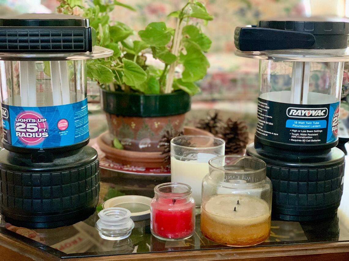 The battery-powered lanterns on the left and right are a good tool to have in your house when the power goes out as is often the case in a storm. Just make sure you have fresh batteries on hand. The candles in the middle? Not a good idea. Pretty, but a dangerous fire hazard if left unattended and they tip.