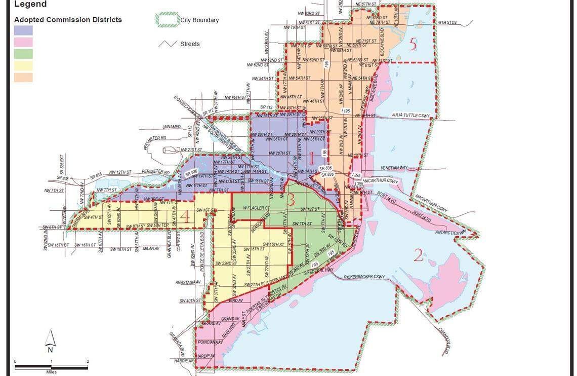 Miami City Commissioners approved this voting map on June 14, 2023, in response to a court order to change district boundaries as part of a lawsuit challenging the city’s redistricting process in 2022. A U.S. district court judge rejected this map and on July 30 chose a map drawn by American Civil Liberties Union attorneys representing community groups suing the city.