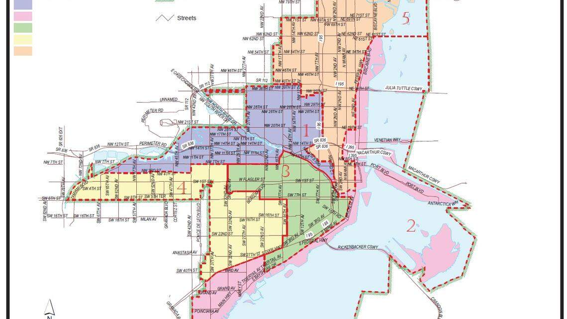 Miami city commissioners approved this voting map on June 14, 2023, in response to a court order to change district boundaries as part of a lawsuit challenging the city’s redistricting process in 2022. An appeals court upheld the commission’s map and overruled a U.S. district court judge who rejected this map and chose a map drawn by American Civil Liberties Union attorneys representing community groups suing the city.