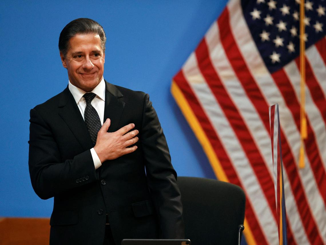 Miami-Dade Public Schools Superintendent Alberto Carvalho reacts after a video tribute during his final Miami-Dade School Board meeting on Wednesday, Feb. 9, 2022.