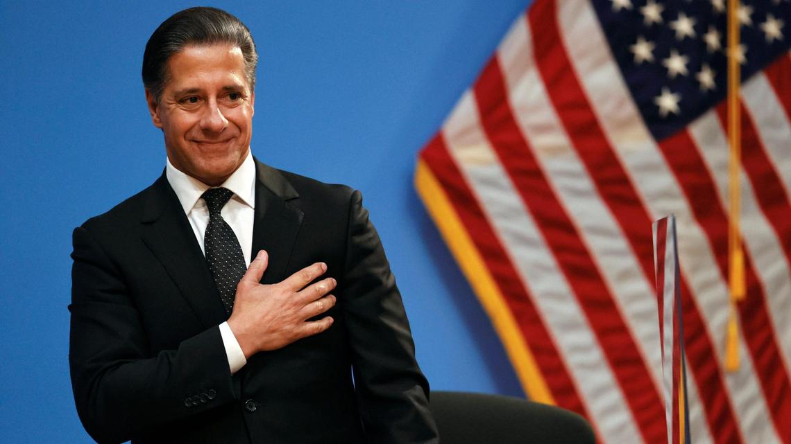 Miami-Dade Public Schools Superintendent Alberto Carvalho reacts after a video tribute during his final meeting at the Miami-Dade School Board administration building in Miami on Wednesday, Feb. 9, 2022.