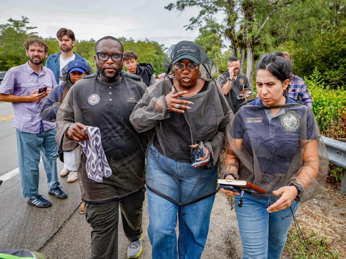 Wearing mosquito netting, Florida Sen. Shevrin Jones and state Representatives Michele K. Rayner and Anna Eskamani were denied entry along with fellow representatives into Alligator Alcatraz.