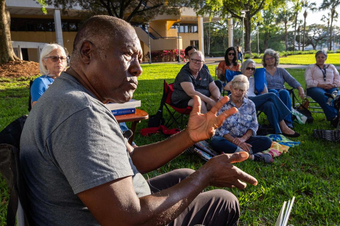 Former Florida International University professor and historian Marvin Dunn speaks to attendees about the Rosewood Massacre during a “Black History Learning Tree” event at FIU on Tuesday, April 1, 2025, in Miami, Fla.