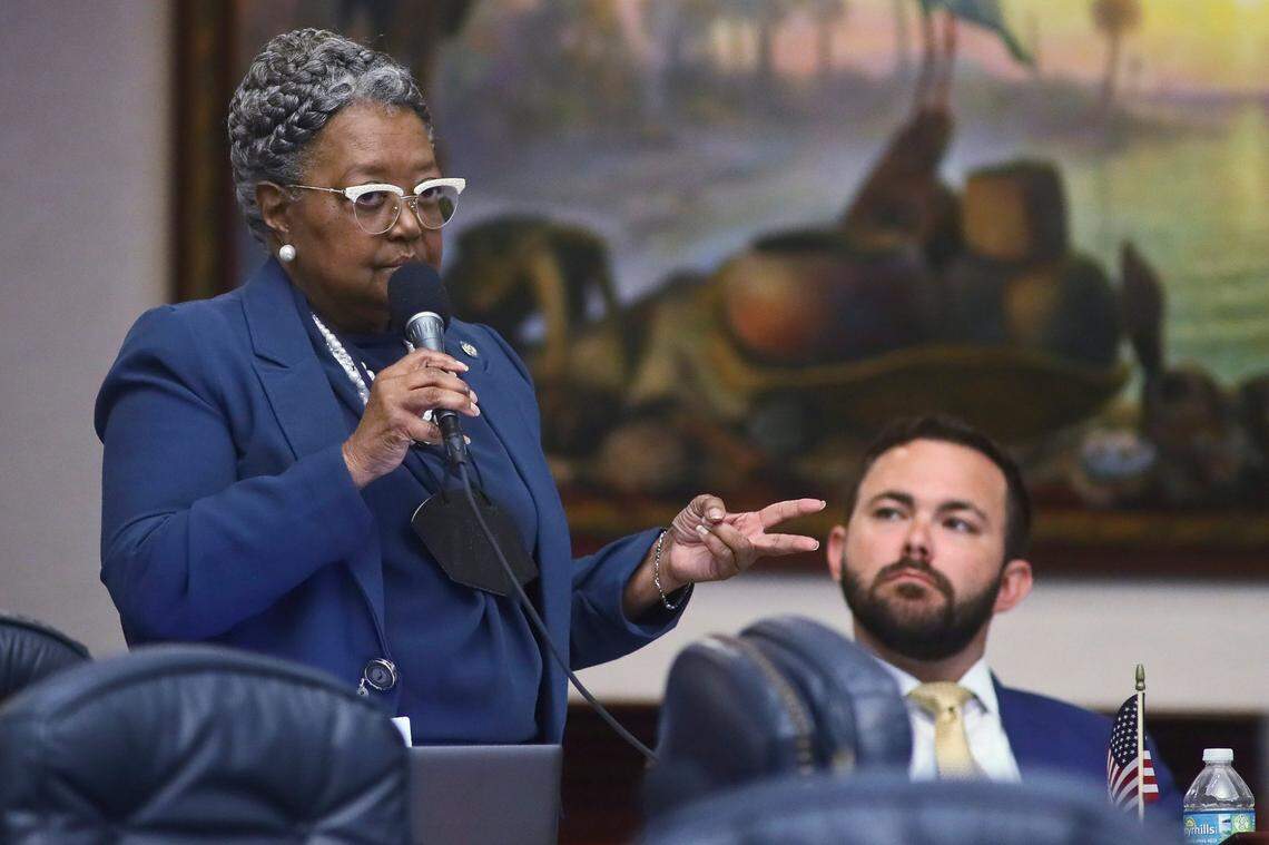 Rep. Yvonne Hayes Hinson, D-Gainesville voices her opposition to Senate Bill 2-C: Establishing the Congressional Districts of the State in the House of Representatives Thursday, April 21, 2022 at the Capitol in Tallahassee, Fla. Moments later, the session was halted by a protest by Democrats, but continued after an hour recess.