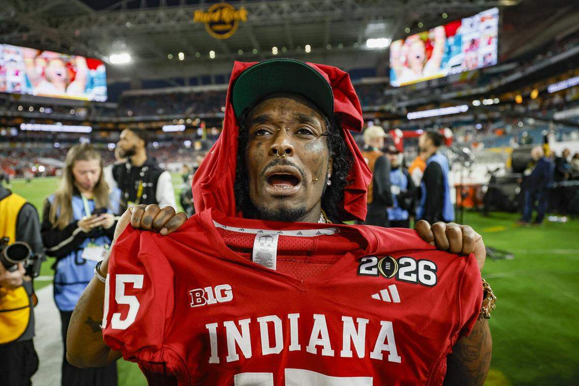 Rapper Lil Uzi Vert shows his support for the Hooziers before the between the game between the Miami Hurricanes and the Indiana Hoosiers in the College Football Playoff National Championship Game at Hard Rock Stadium in Miami Gardens, Florida, on Monday, January 19, 2026.