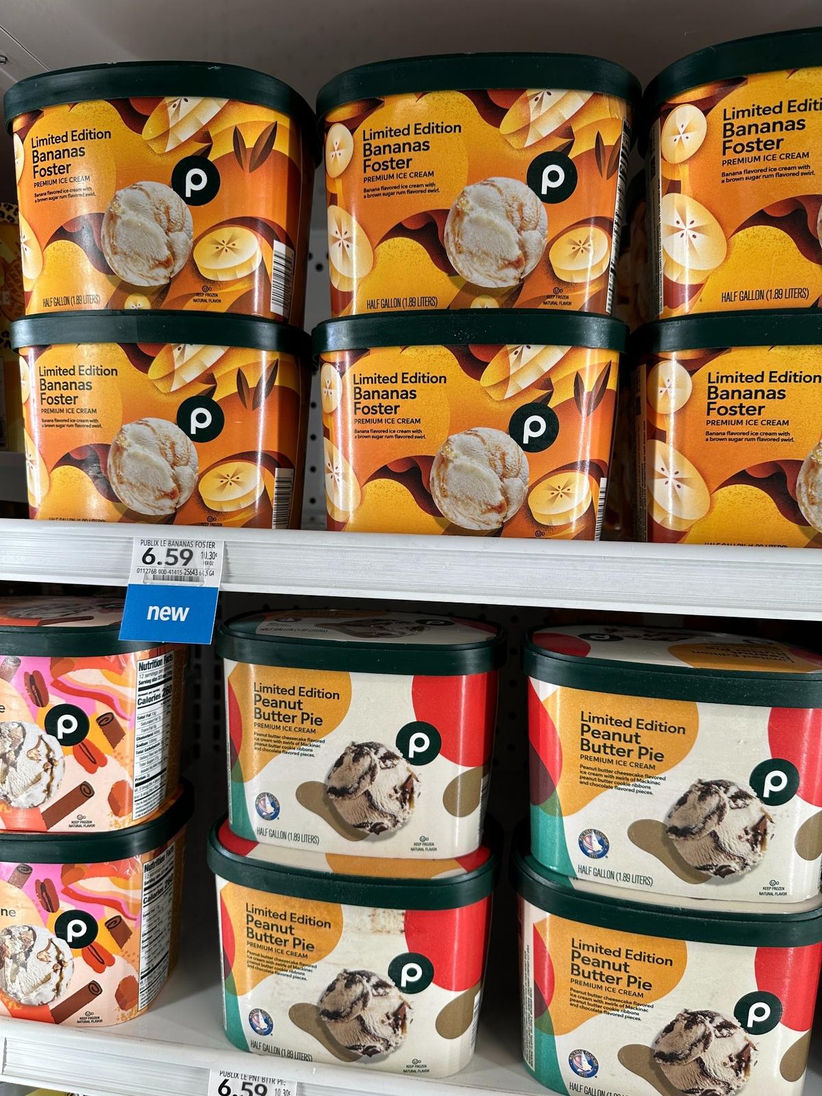 Publix limited-edition spring 2025 ice creams include Bananas Foster and Peanut Butter Pie. These were available at the new Briar Bay Publix near The Falls in Miami on March 8, 2025.