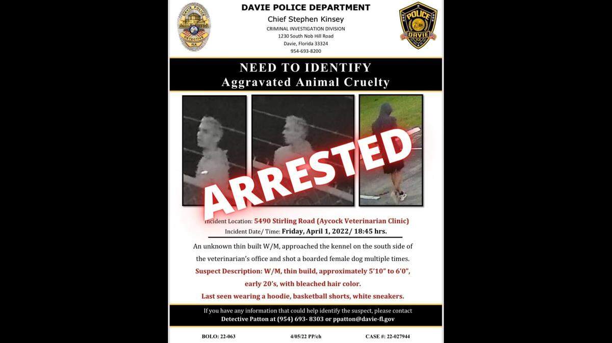 Chayse Billie, 21, was arrested and charged with felony aggravated animal cruelty on Tuesday, April 5, 2022, according to authorities.