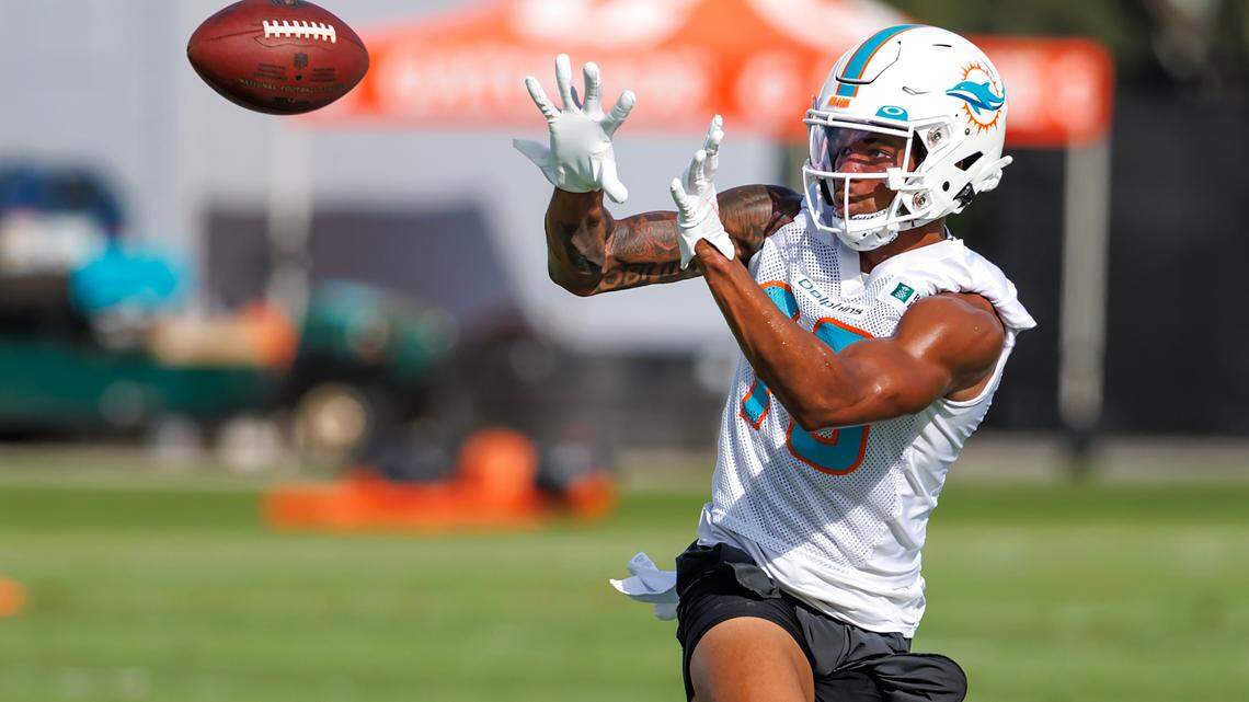 Miami Dolphins wide receiver Erik Ezukanma (18) catches a pass during practice at Baptist Health Training Complex in Hard Rock Stadium on Wednesday, November 30, 2022 in Miami Gardens, Florida.