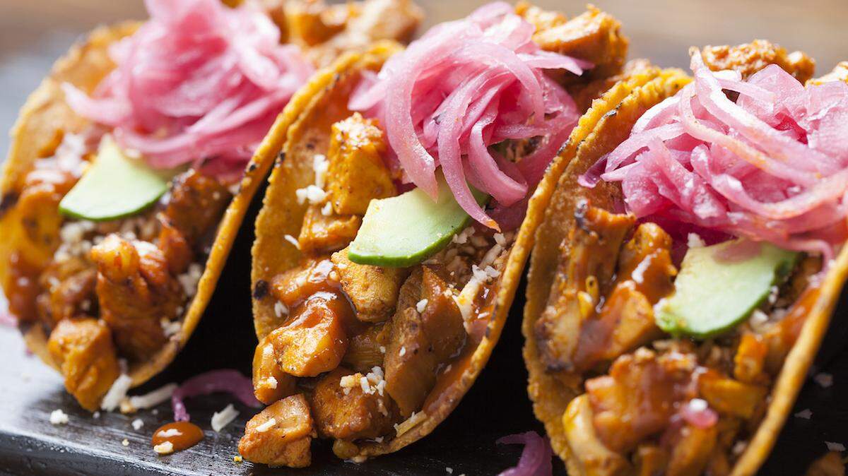 The Pink Taco trio, with achiote chicken, at the upcoming Pink Taco on South Beach
