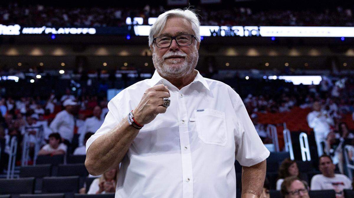 Miami Heat Owner Micky Arison reacts before the first half of Game 3 of the NBA Playoffs against the Cleveland Cavaliers at Kaseya Center on April 26, 2025, in Miami.