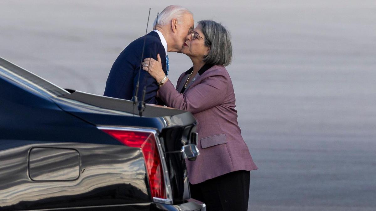 President Joe Biden greets Miami-Dade Mayor Daniella Levine Cava after arriving at Miami International Airport on Tuesday, Jan. 30, 2024, in Miami, Fla. President Biden is attending a fundraiser in Coral Gables.