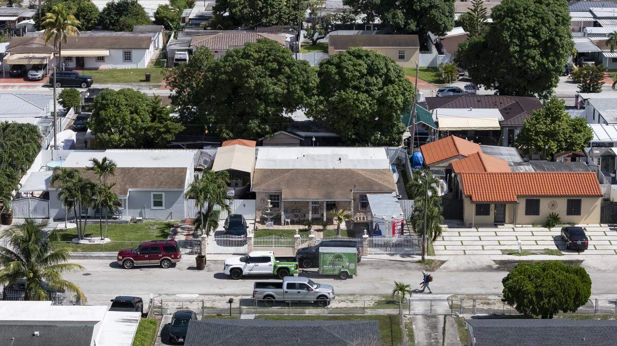 A general view of a property (center) located at 3881 East 8th Court on Tuesday, Oct. 21, 2025, in Hialeah, Fla.