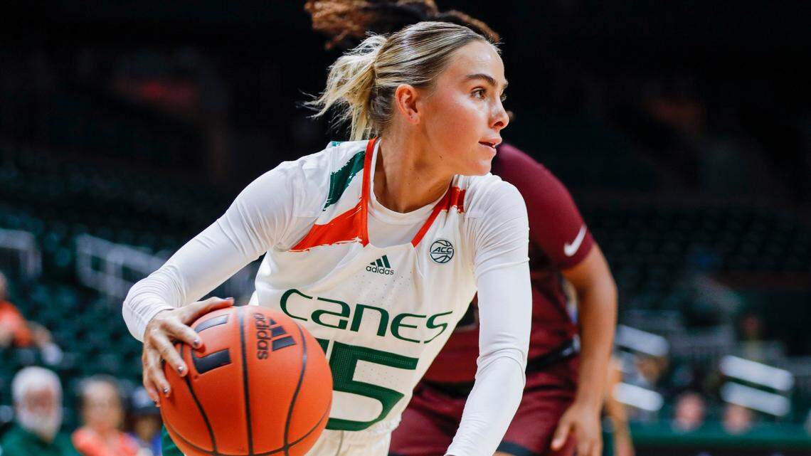 Miami Hurricanes guard Hanna Cavinder (15) drives to the basket during the second quarter of a basketball game against the Maryland-Eastern Shore Lady Hawks at the Watsco Center in Coral Gables, Florida, Monday, November 7, 2022.