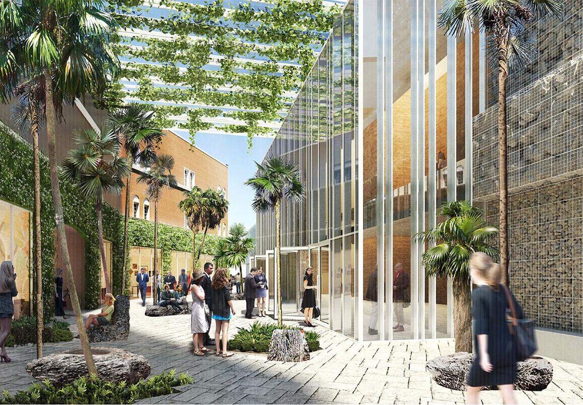 An architectural rendering shows the restored front of the Coconut Grove Playhouse building at left with a new, freestanding 300-seat theater on the right and a new plaza at center.