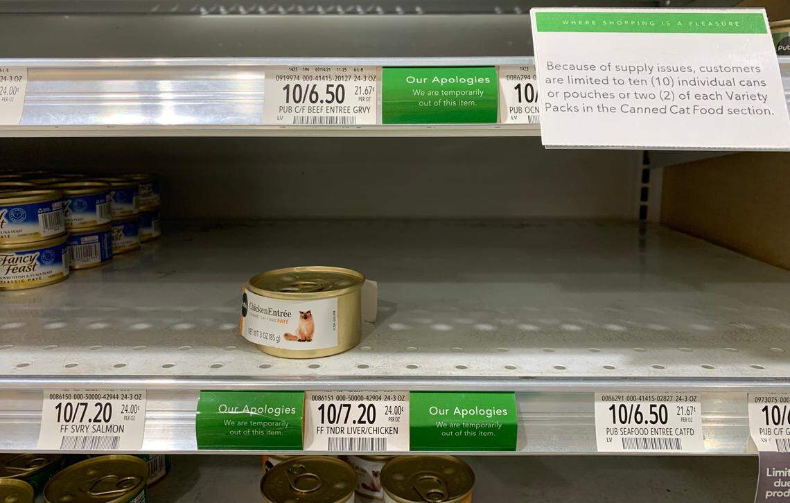 Supply hasn’t kept up with demand even on ordinary staples like canned cat food at some South Florida grocers. Publix has had to institute a limit on the number of cat food cans customers can buy currently, as these shelves at a Pinecrest location showed in late November 2021.