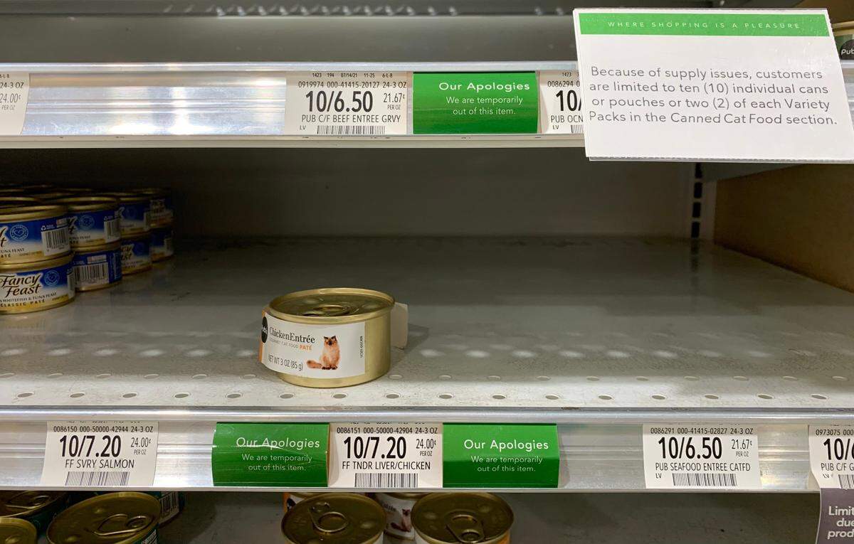 Supply hasn’t kept up with demand even on ordinary staples like canned cat food at some South Florida grocers. Publix has had to institute a limit on the number of cat food cans customers can buy currently, as these shelves at a Pinecrest location showed in late November 2021. During hurricane season try to have extras on hand if you’ve cats as supplies are already scant. This goes for all pet food.