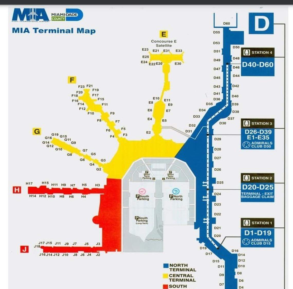 A map of the Skytrain system, which services Concourse D at Miami International Airport.