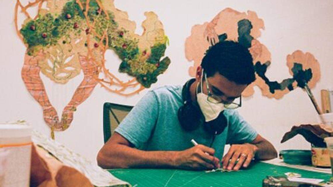 Artist Mateo Nava in his studio at Bakehouse Art Complex. Nava’s work is included in the Bakehouse group exhibition ‘Viewpoints: Expressions of an artist community,’ now open.