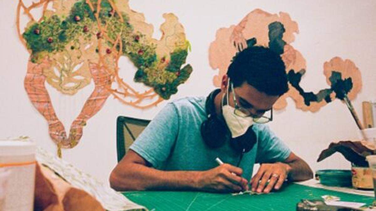 Artist Mateo Nava in his studio at Bakehouse Art Complex. Nava’s work is included in the Bakehouse group exhibition ‘Viewpoints: Expressions of an artist community,’ now open.
