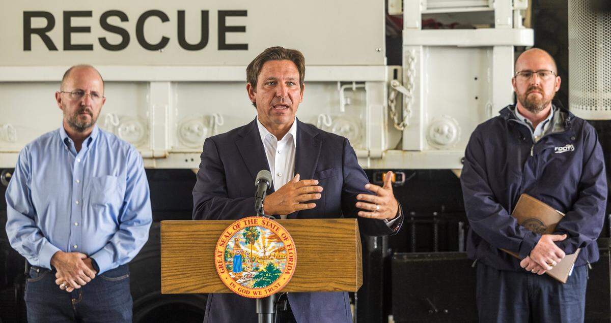 Florida Gov. Ron DeSantis speaks at press conference at the Hollywood Fire Rescue Station 5, on Friday June 14, 2024.