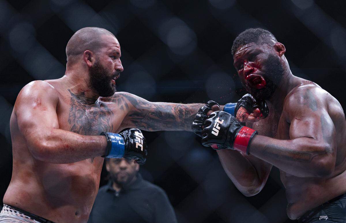 Curtis Blaydes of the United States and Josh Hokit of the United States fight in their heavyweight bout at UFC 327 at the Kaseya Center on Saturday, April 11, 2026, in downtown Miami, Fla.