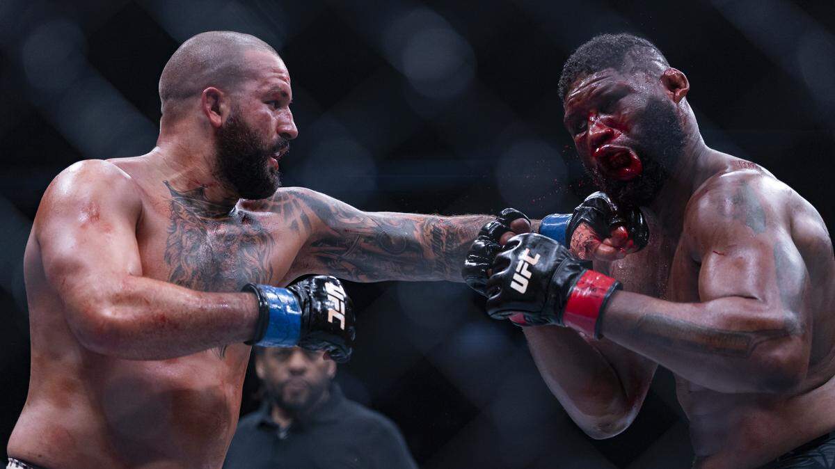 Curtis Blaydes of the United States and Josh Hokit of the United States fight in their heavyweight bout at UFC 327 at the Kaseya Center on Saturday, April 11, 2026, in downtown Miami, Fla.