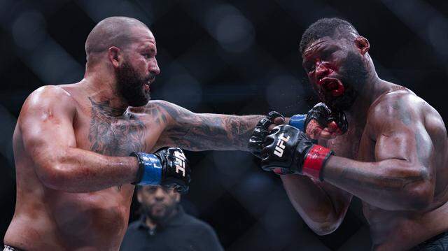 Curtis Blaydes of the United States and Josh Hokit of the United States fight in their heavyweight bout at UFC 327 at the Kaseya Center on Saturday, April 11, 2026, in downtown Miami, Fla.